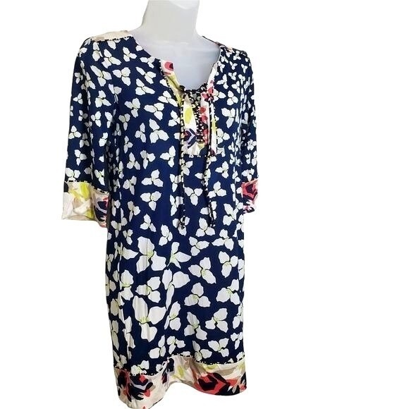 Diane von Furstenberg Women Floral 100% Silk Tunic Shift Dress SZ 2 Navy White - Picture 2 of 10